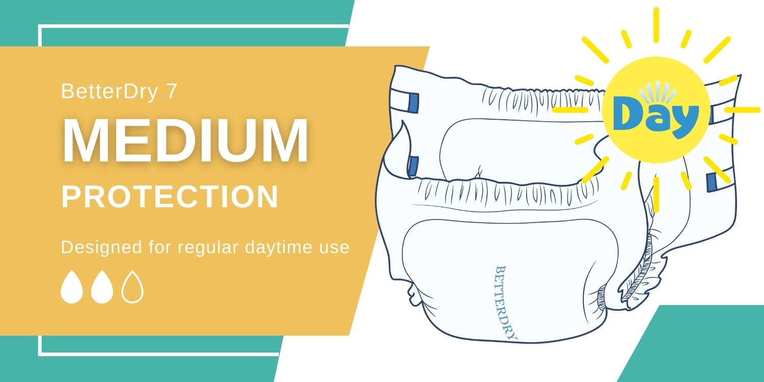 BetterDry-7 Day adult diapers are meant for medium protection. They are designed for regular daytime use.