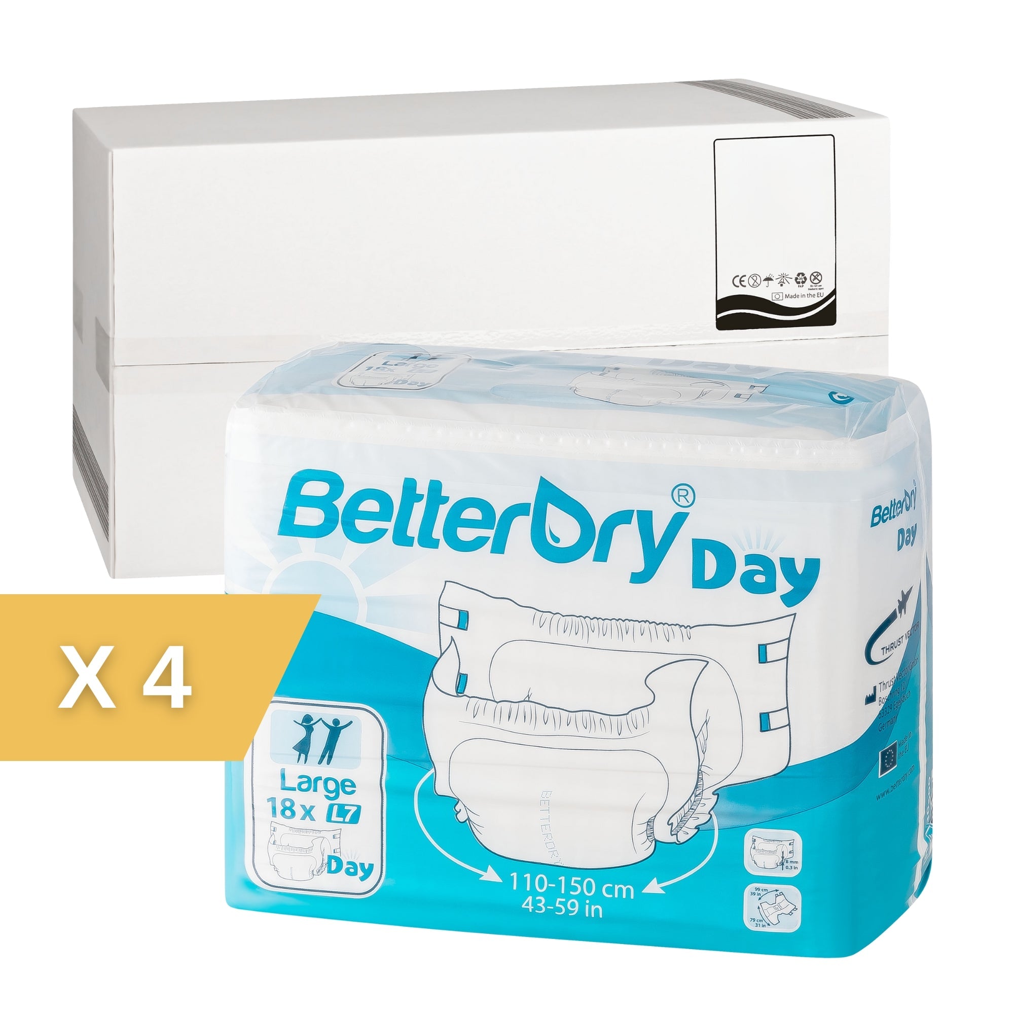 BetterDry Day large adult diapers. The image indicates that there are 4 polybags to a case.