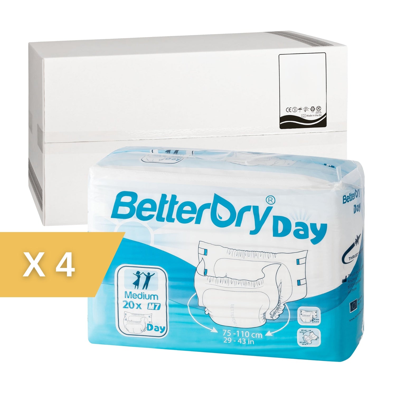 BetterDry Day medium adult diapers. The image indicates that there are 4 polybags to a case.