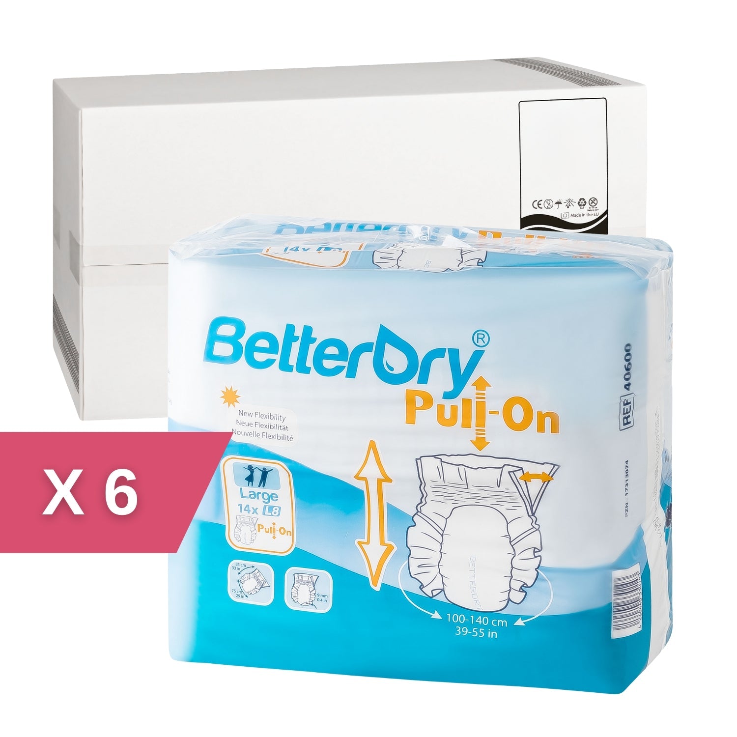 BetterDry Pull-On large adult diapers. The image indicates that there are 6 polybags to a case.