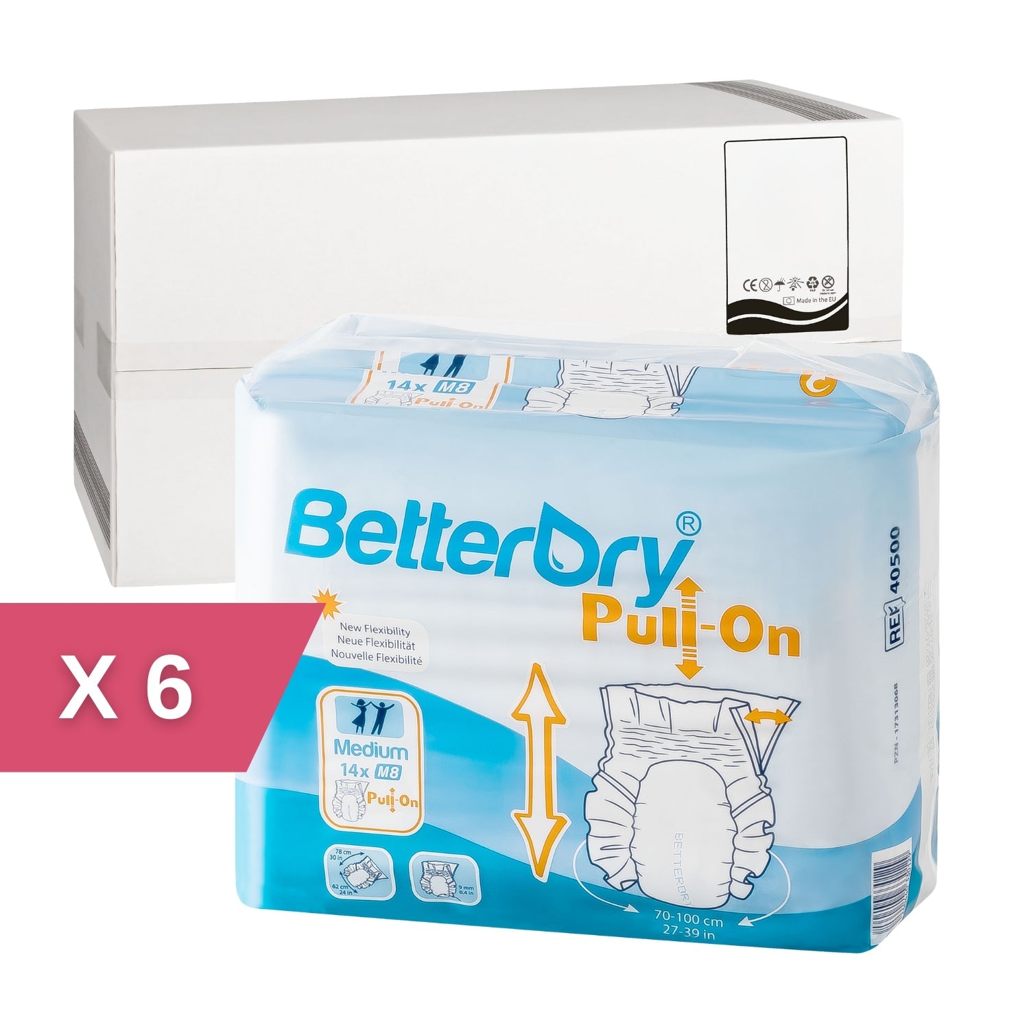 BetterDry Pull-On medium adult diapers. The image indicates that there are 6 polybags to a case.