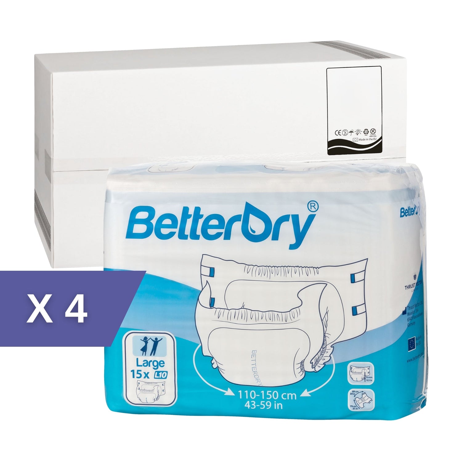 BetterDry large adult diapers. The image indicates that there are 4 polybags to a case.