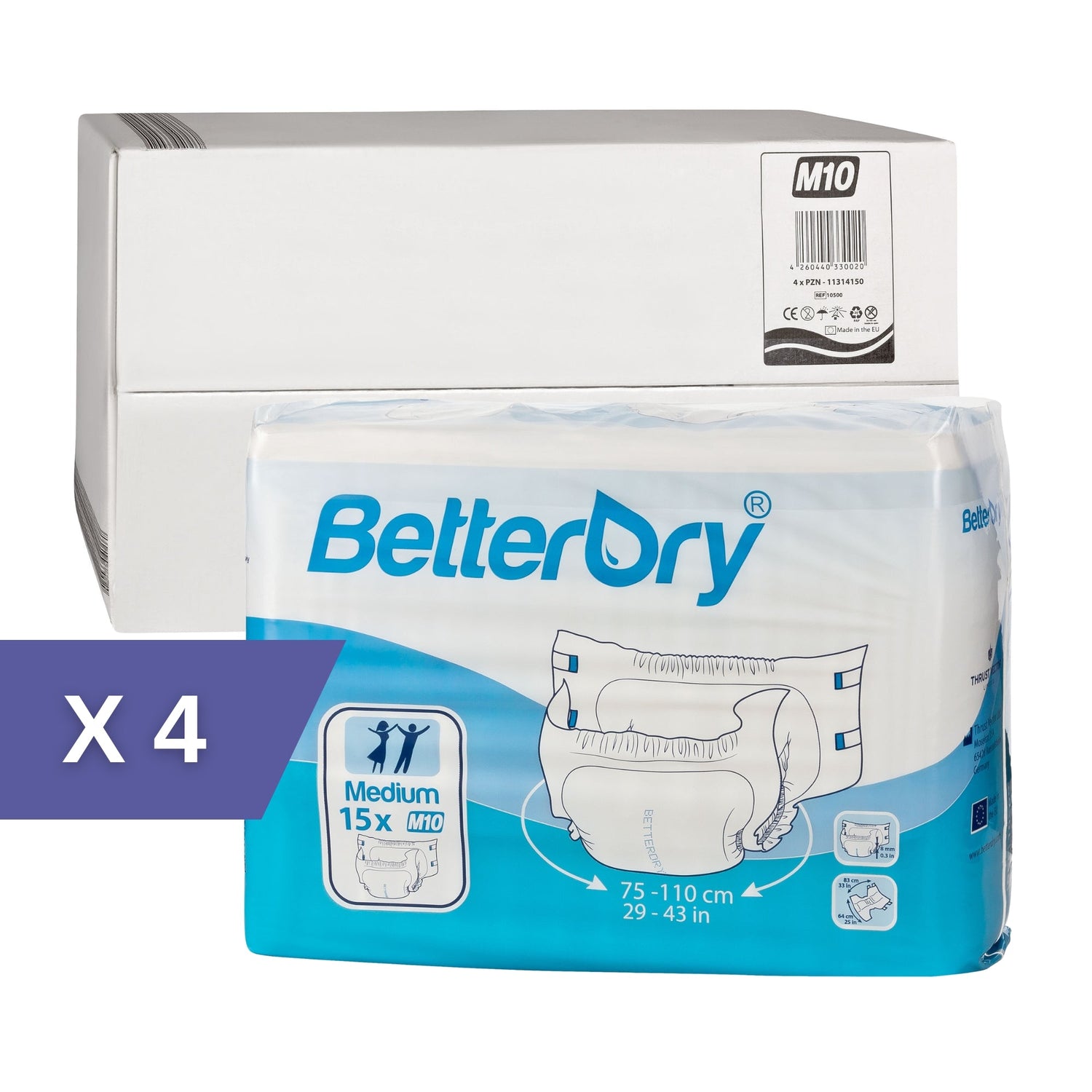 BetterDry medium adult diapers. The image indicates that there are 4 polybags to a case.