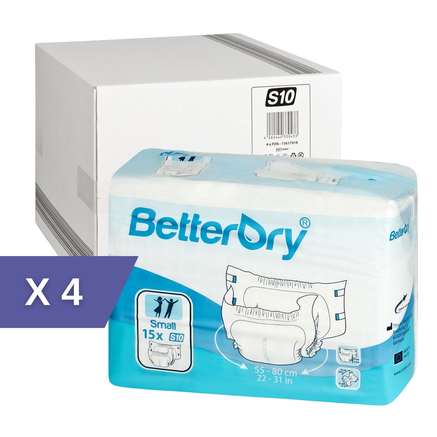 BetterDry small adult diapers. The image indicates that there are 4 polybags to a case.