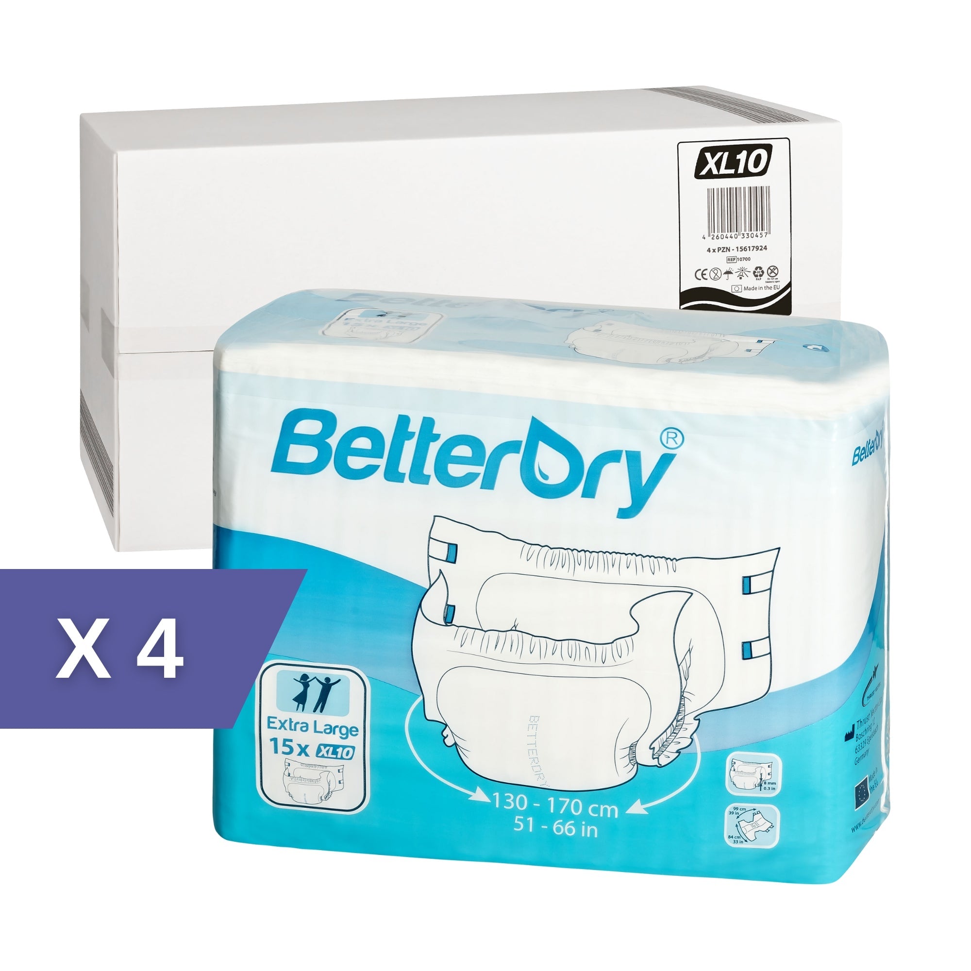 BetterDry extra large adult diapers. The image indicates that there are 4 polybags to a case.