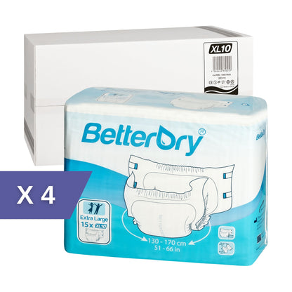 BetterDry extra large adult diapers. The image indicates that there are 4 polybags to a case.